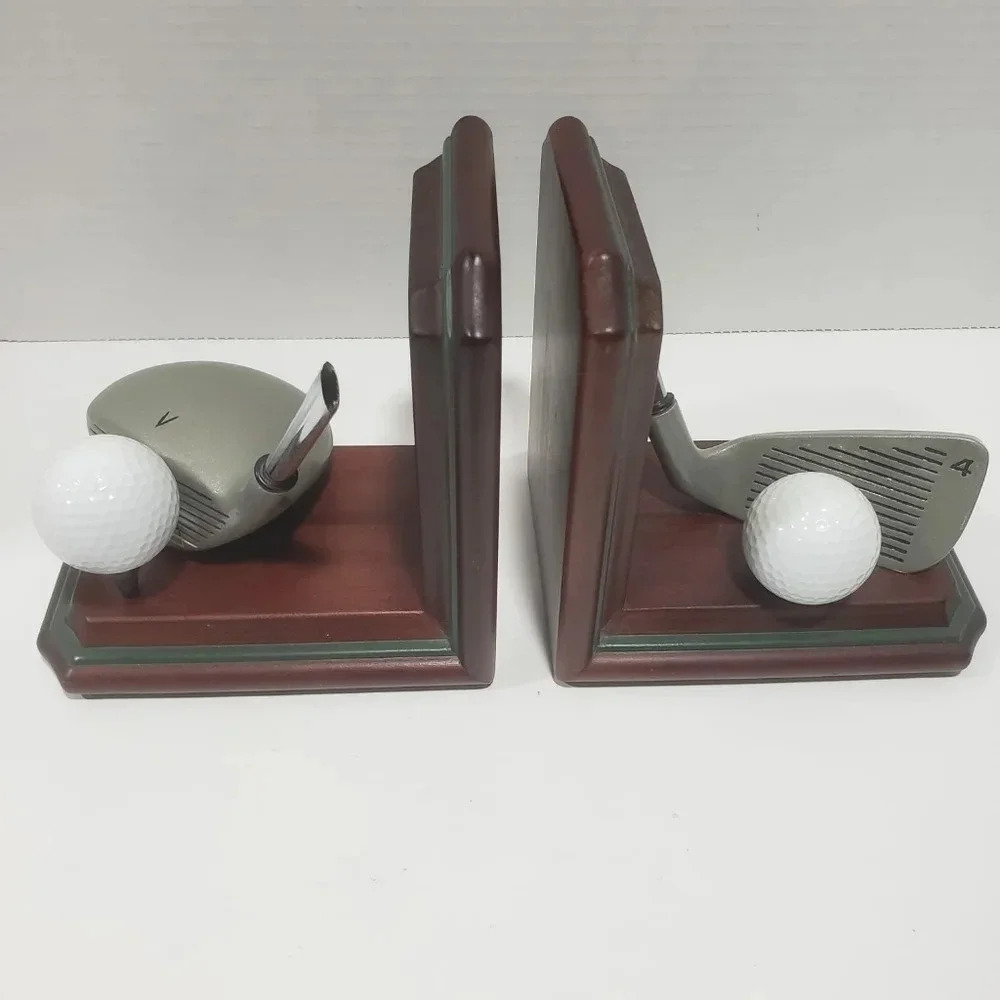 Pair of Bookends Lodge Golf Driver and Four Iron  Club Silver/Brown.